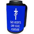 3dRose Alexis Design - Christian - Cross, two hearts on the cross, Two hearts one soul forever on blue - Can Cooler Bottle Wrap (cc_286177)
