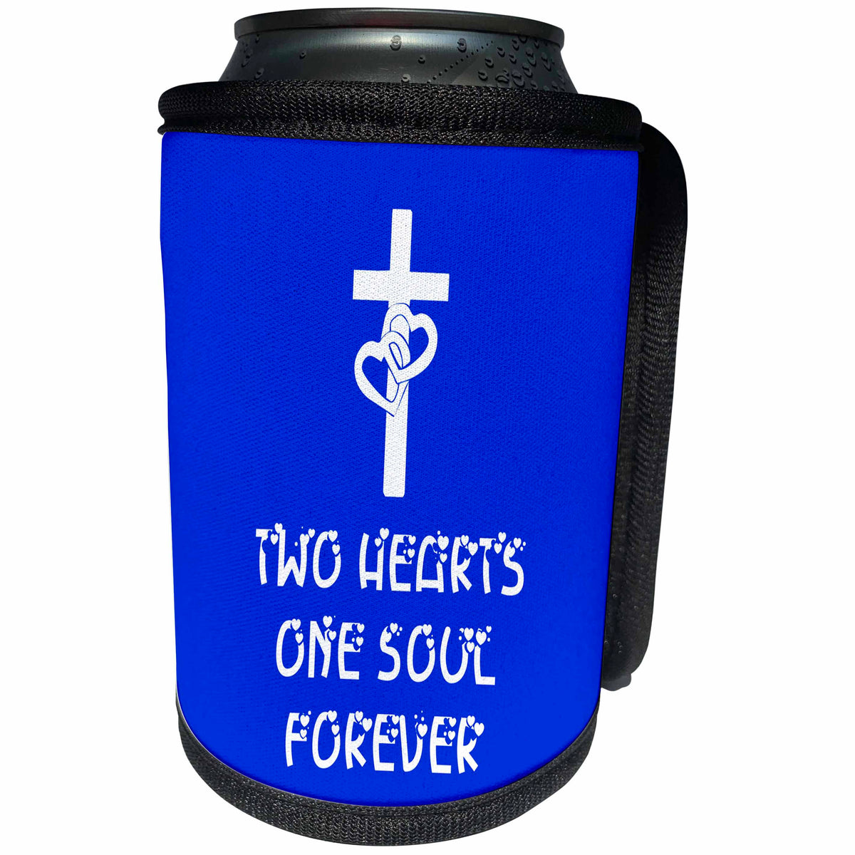 3dRose Alexis Design - Christian - Cross, two hearts on the cross, Two hearts one soul forever on blue - Can Cooler Bottle Wrap (cc_286177)