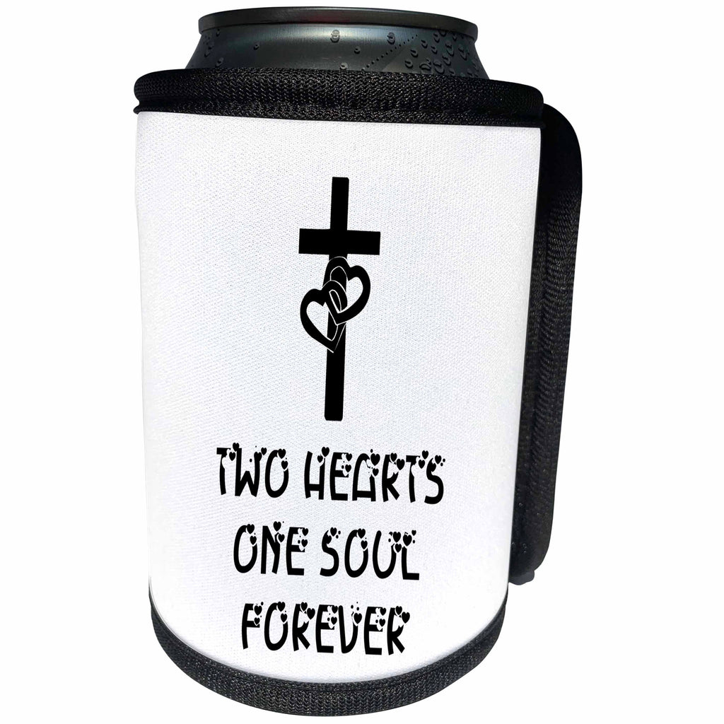 3dRose Alexis Design - Christian - Cross, two hearts on the cross, Two hearts one soul forever on white - Can Cooler Bottle Wrap (cc_286178)