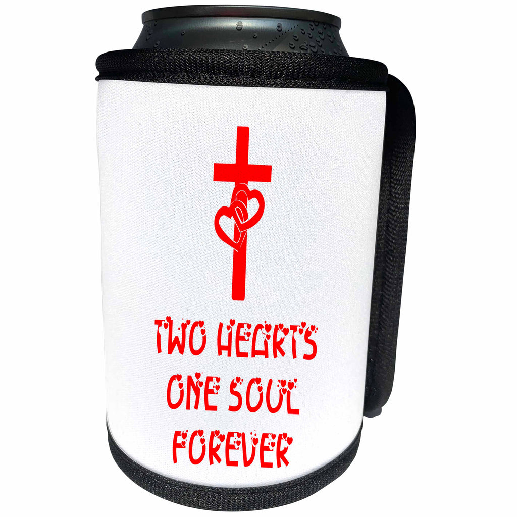 3dRose Alexis Design - Christian - Cross, hearts on the cross, Two hearts one soul forever red on white - Can Cooler Bottle Wrap (cc_286179)