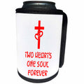 3dRose Alexis Design - Christian - Cross, hearts on the cross, Two hearts one soul forever red on white - Can Cooler Bottle Wrap (cc_286179)