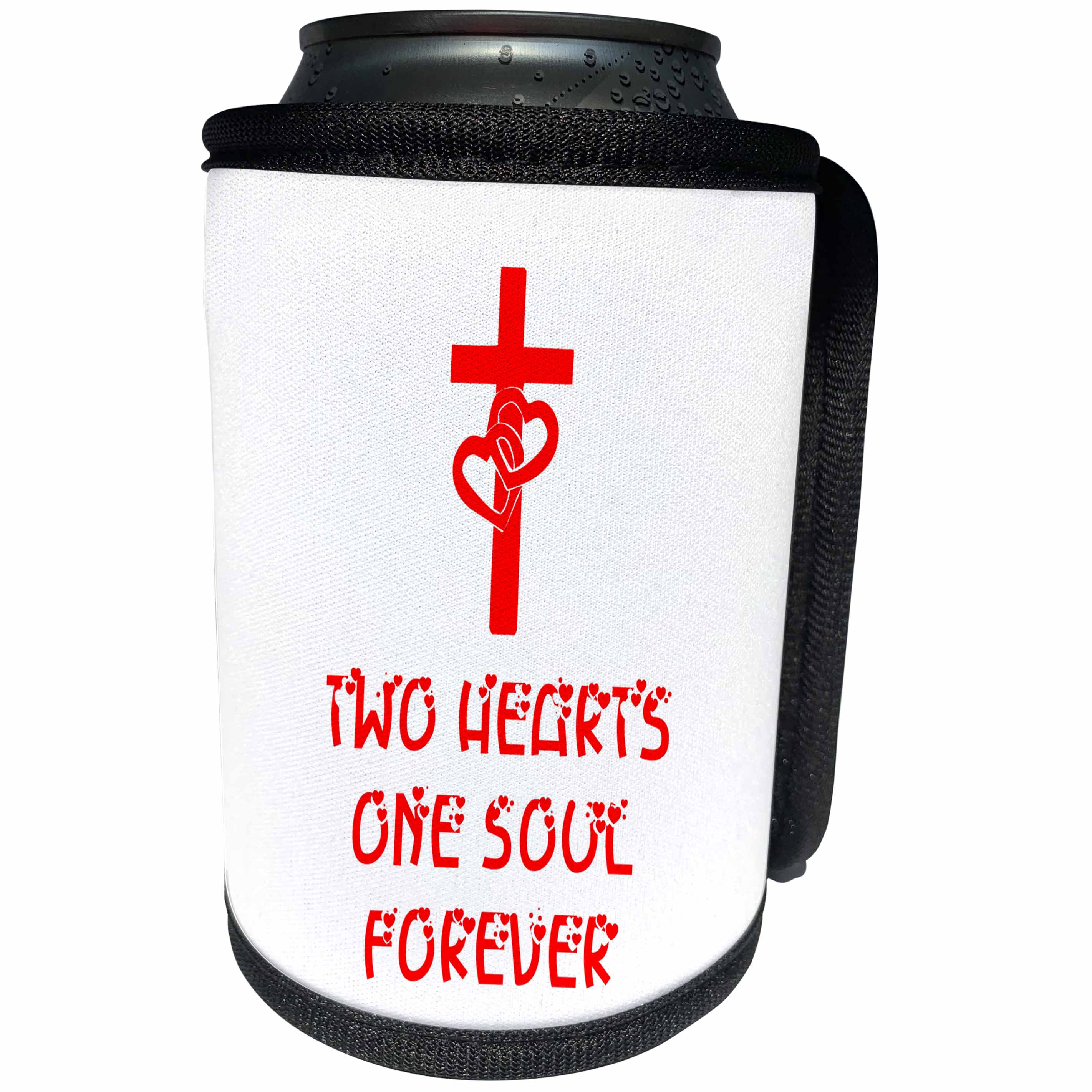 3dRose Alexis Design - Christian - Cross, hearts on the cross, Two hearts one soul forever red on white - Can Cooler Bottle Wrap (cc_286179)