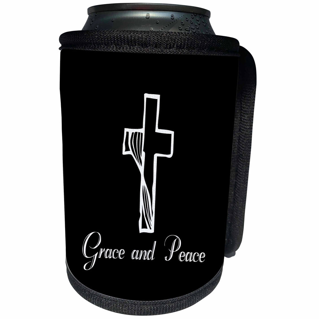 3dRose Alexis Design - Christian - Cross, veil, the decorative text Grace and Peace on black - Can Cooler Bottle Wrap (cc_286180)