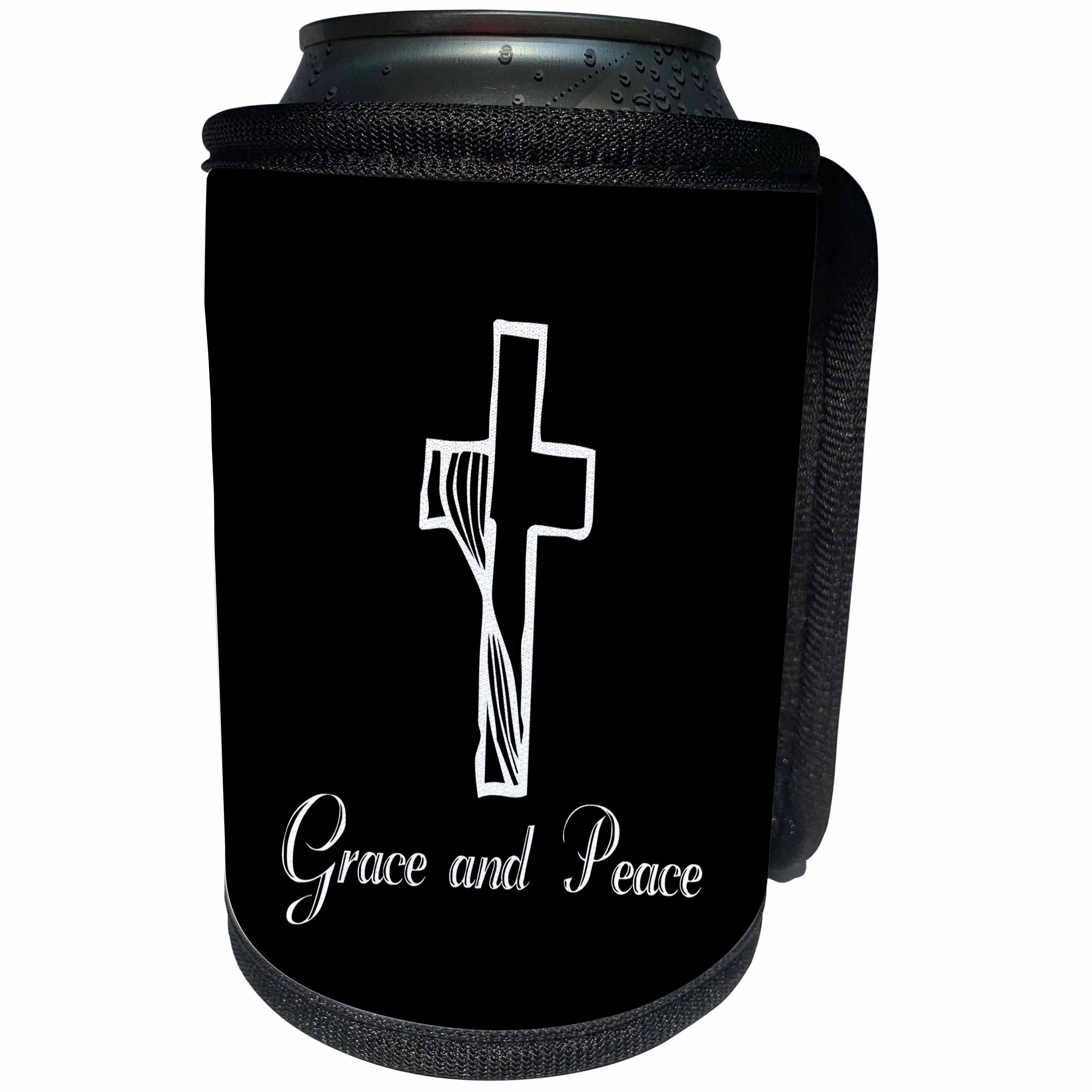 3dRose Alexis Design - Christian - Cross, veil, the decorative text Grace and Peace on black - Can Cooler Bottle Wrap (cc_286180)