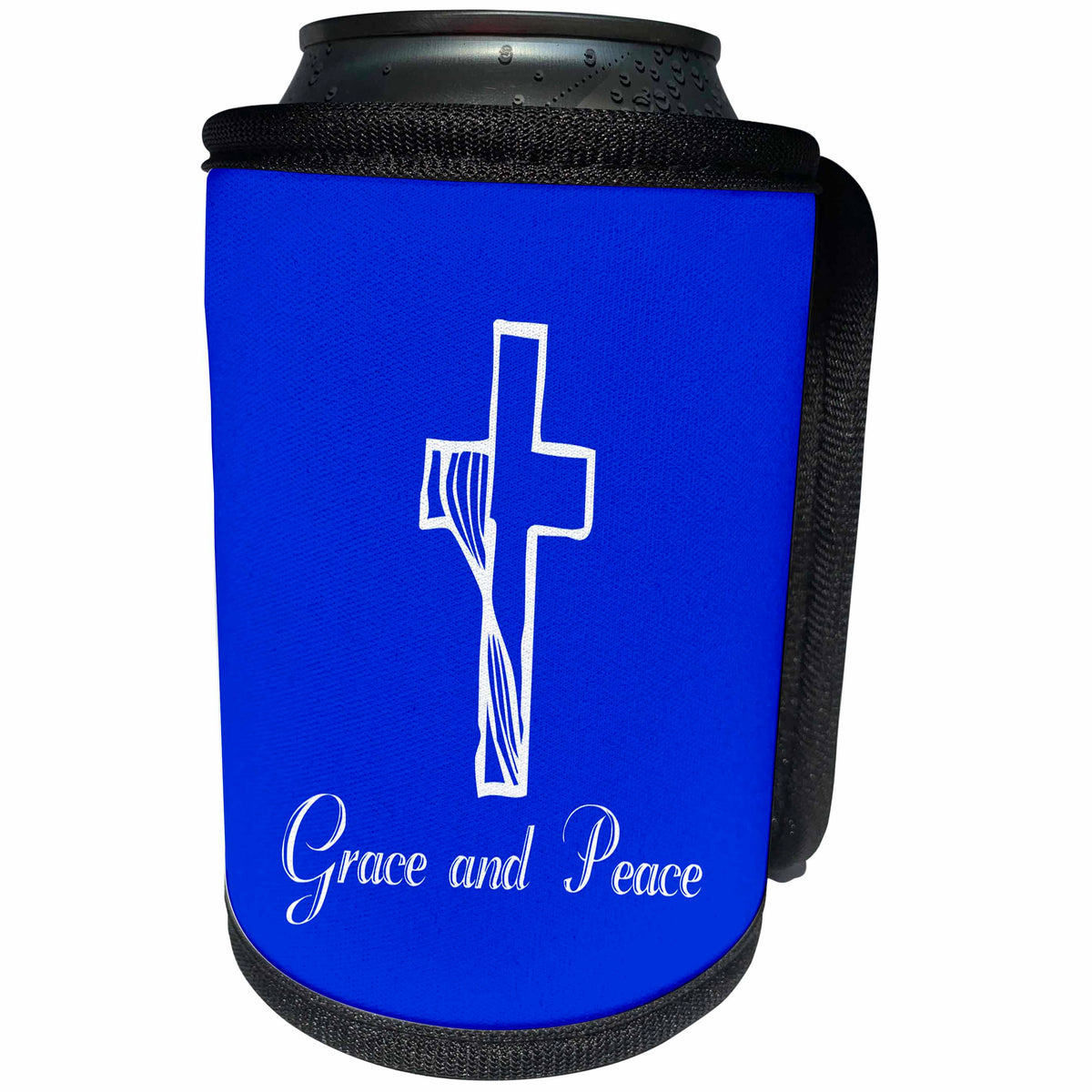 3dRose Alexis Design - Christian - Cross, veil, the decorative text Grace and Peace on blue - Can Cooler Bottle Wrap (cc_286181)