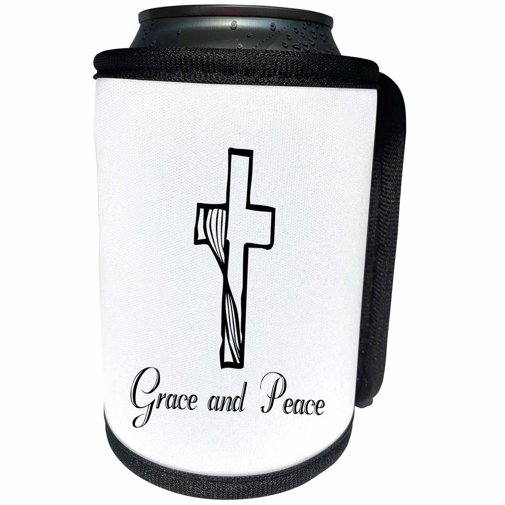 3dRose Alexis Design - Christian - Cross, veil, the decorative text Grace and Peace on white - Can Cooler Bottle Wrap (cc_286182)