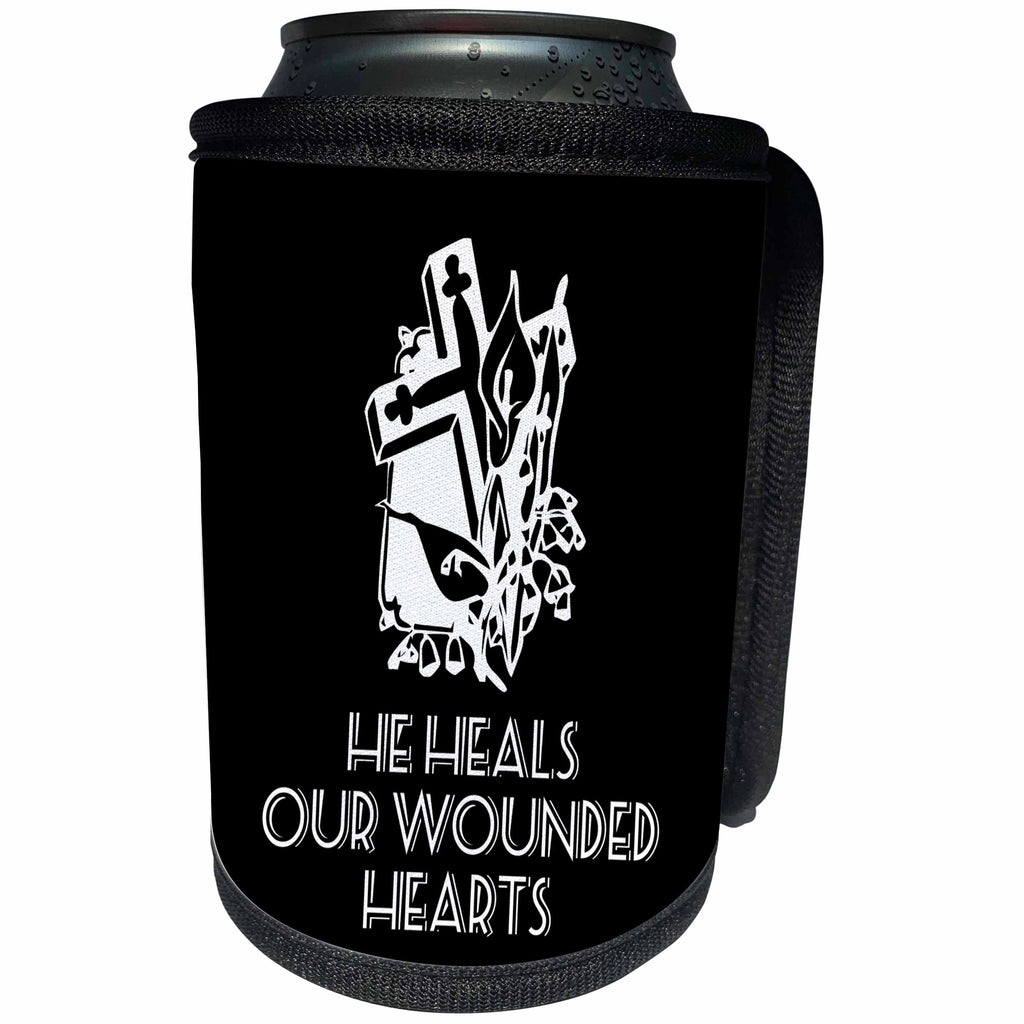 3dRose Alexis Design - Christian - Cross and flowers, the text He heals our wounded hearts on black - Can Cooler Bottle Wrap (cc_286184)