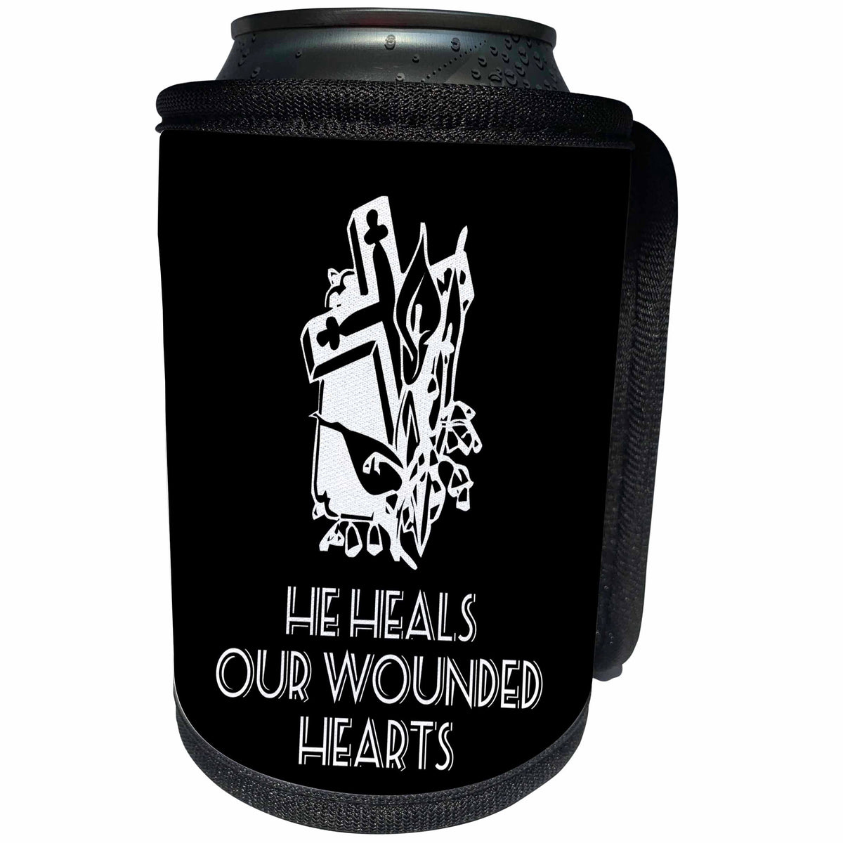 3dRose Alexis Design - Christian - Cross and flowers, the text He heals our wounded hearts on black - Can Cooler Bottle Wrap (cc_286184)