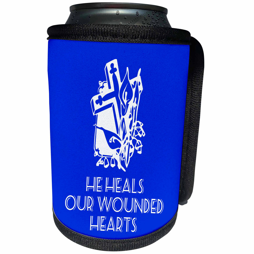 3dRose Alexis Design - Christian - Cross and flowers, the text He heals our wounded hearts on blue - Can Cooler Bottle Wrap (cc_286185)