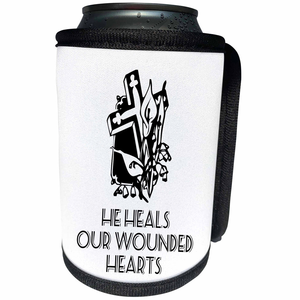 3dRose Alexis Design - Christian - Cross and flowers, the text He heals our wounded hearts on white - Can Cooler Bottle Wrap (cc_286186)