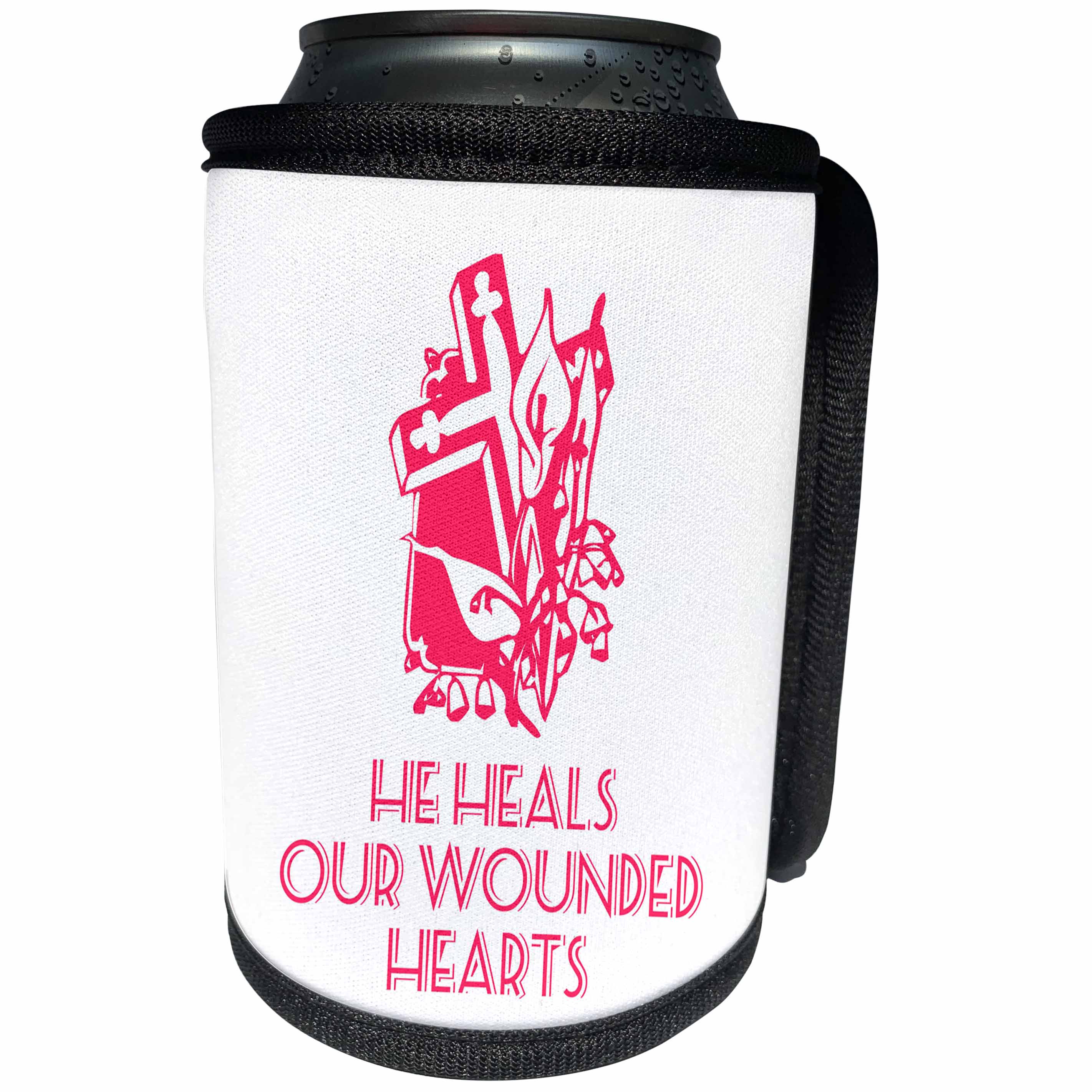 3dRose Alexis Design - Christian - Cross and flowers, the text He heals our wounded hearts red on white - Can Cooler Bottle Wrap (cc_286187)