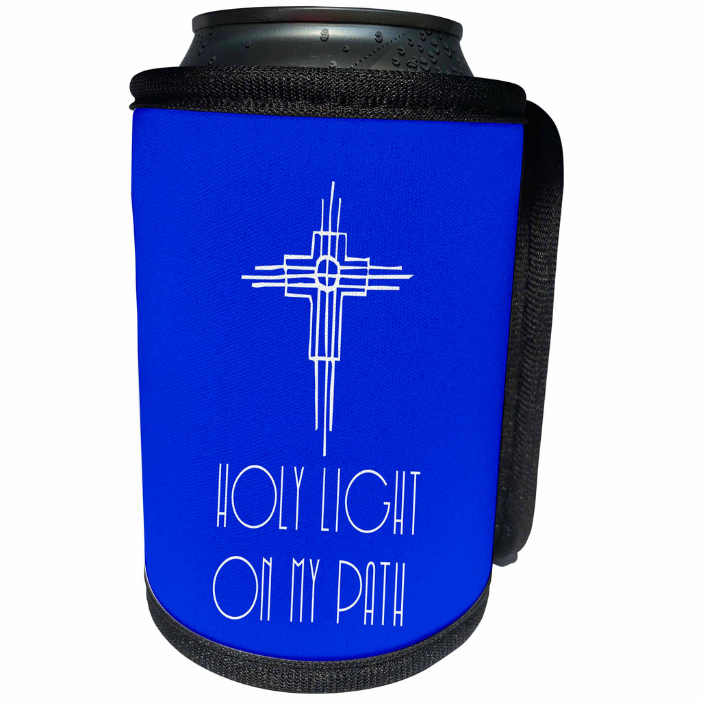 3dRose Alexis Design - Christian - Decorative cross, the text Holy Light on my path on blue - Can Cooler Bottle Wrap (cc_286189)