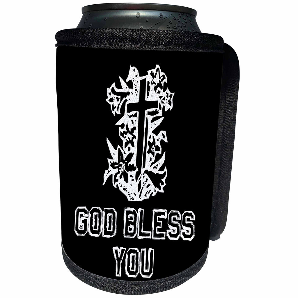 3dRose Alexis Design - Christian - Cross and floral composition. God Bless You text on black - Can Cooler Bottle Wrap (cc_286192)