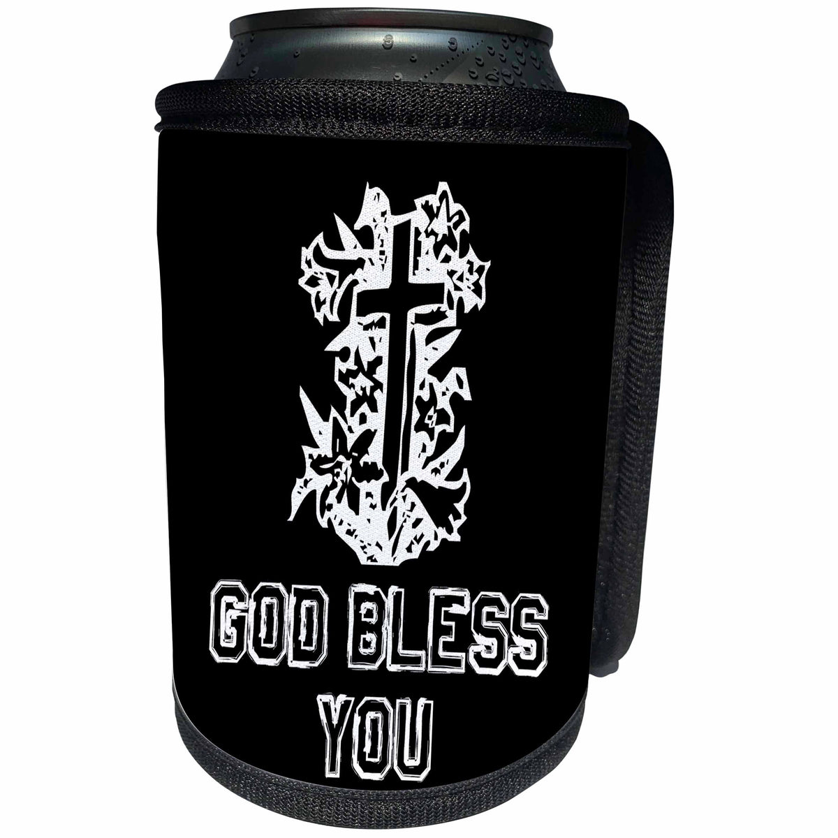 3dRose Alexis Design - Christian - Cross and floral composition. God Bless You text on black - Can Cooler Bottle Wrap (cc_286192)
