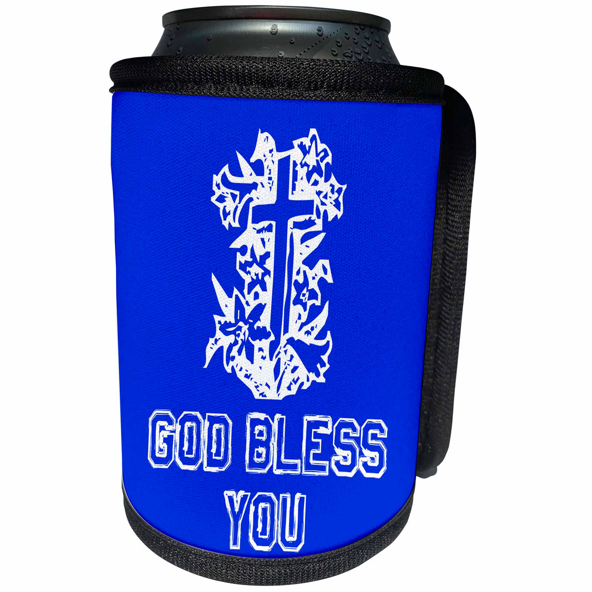3dRose Alexis Design - Christian - Cross and floral composition. God Bless You text on blue - Can Cooler Bottle Wrap (cc_286193)