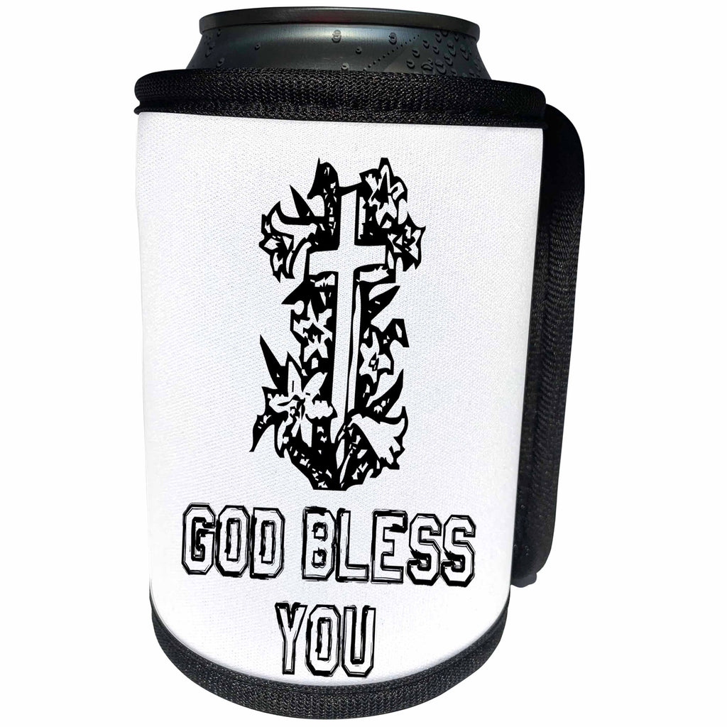 3dRose Alexis Design - Christian - Cross and floral composition. God Bless You text on white - Can Cooler Bottle Wrap (cc_286194)