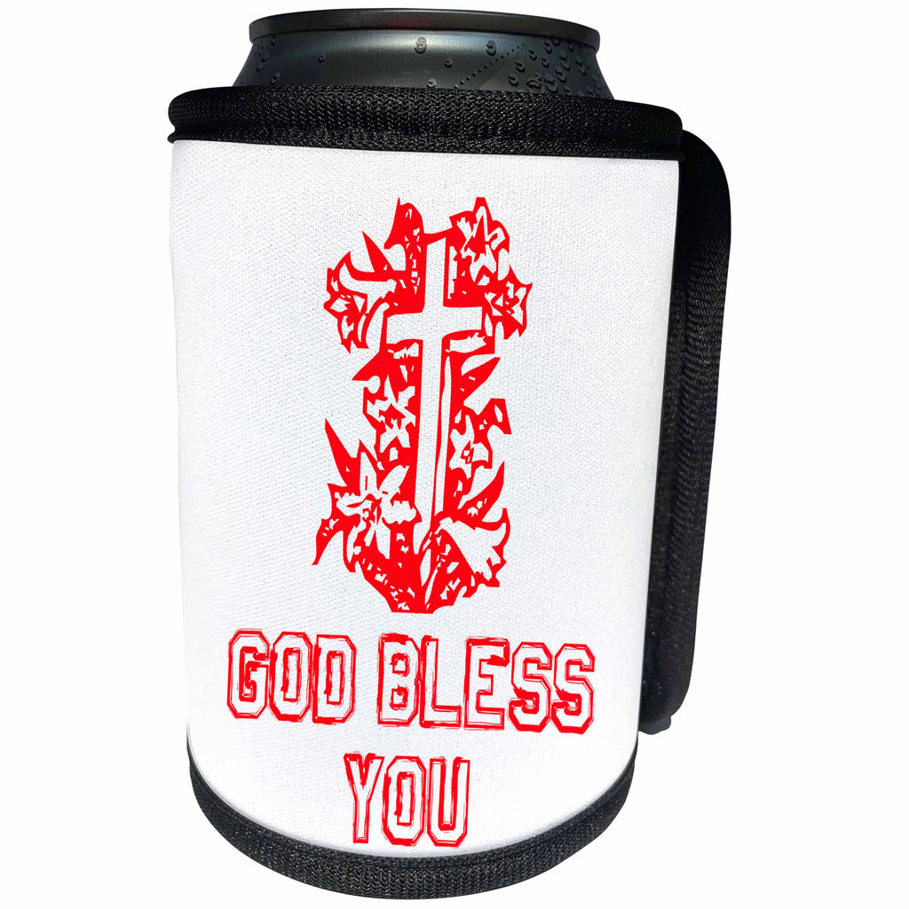 3dRose Alexis Design - Christian - Cross and floral composition. God Bless You text red on white - Can Cooler Bottle Wrap (cc_286195)
