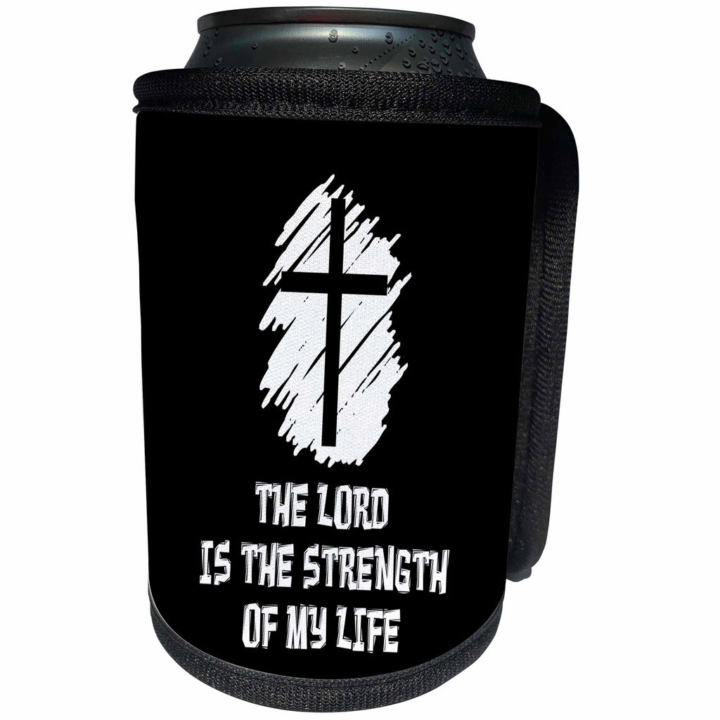3dRose Alexis Design - Christian - Decorative cross, The Lord is the strength of my life text on black - Can Cooler Bottle Wrap (cc_286196)
