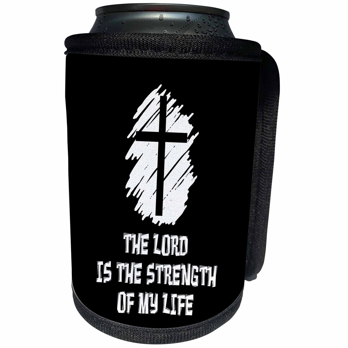 3dRose Alexis Design - Christian - Decorative cross, The Lord is the strength of my life text on black - Can Cooler Bottle Wrap (cc_286196)