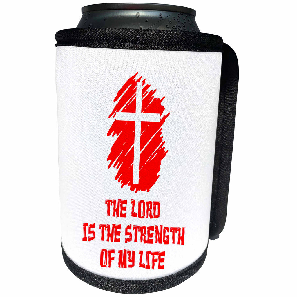 3dRose Alexis Design - Christian - Cross, The Lord is the strength of my life text red on white Cross - Can Cooler Bottle Wrap (cc_286199)