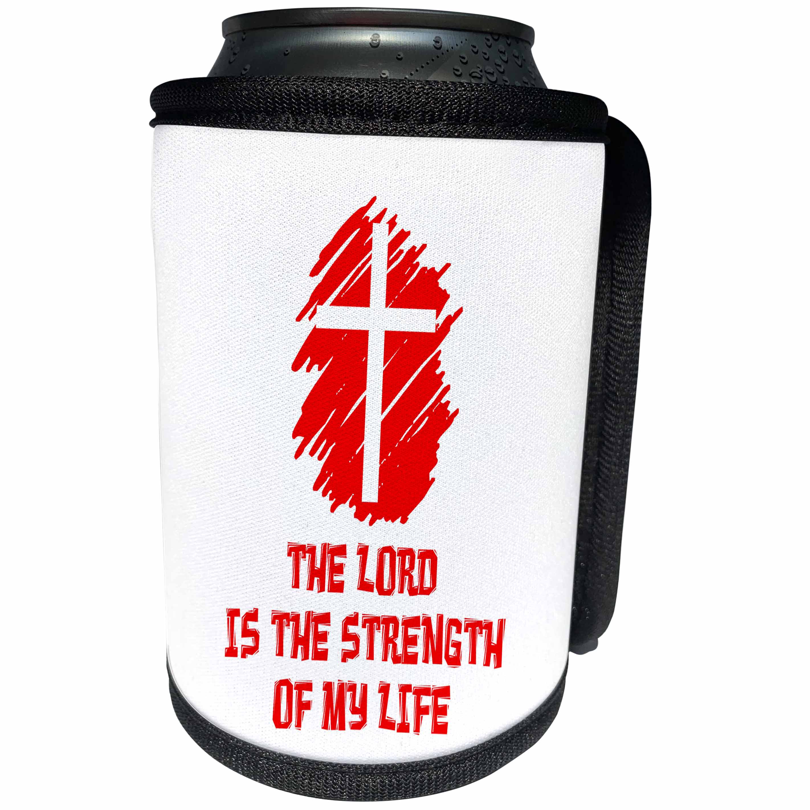 3dRose Alexis Design - Christian - Cross, The Lord is the strength of my life text red on white Cross - Can Cooler Bottle Wrap (cc_286199)