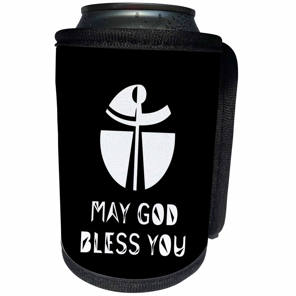 3dRose Alexis Design - Christian - Modernist cross, the text May God Bless You on black - Can Cooler Bottle Wrap (cc_286200)