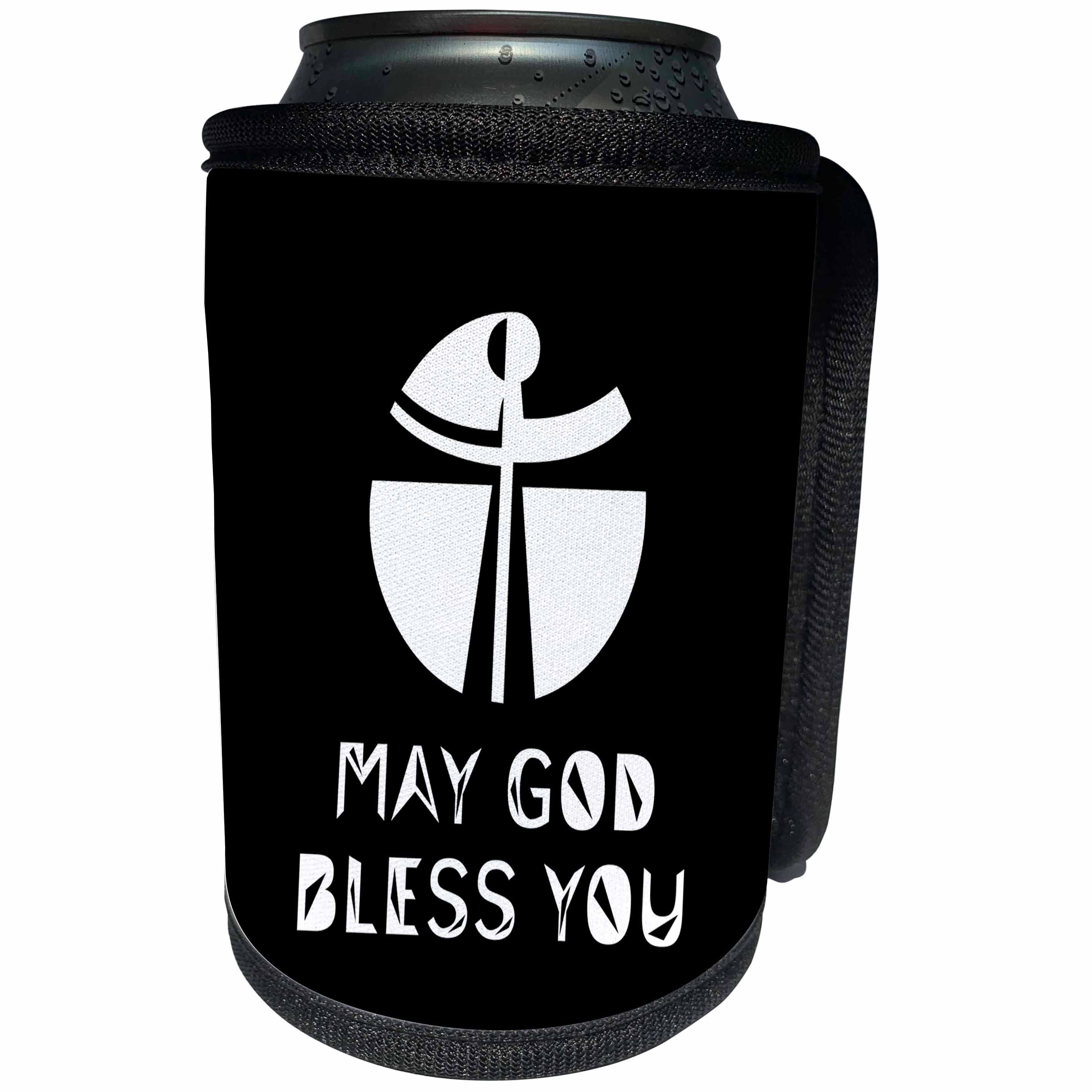 3dRose Alexis Design - Christian - Modernist cross, the text May God Bless You on black - Can Cooler Bottle Wrap (cc_286200)