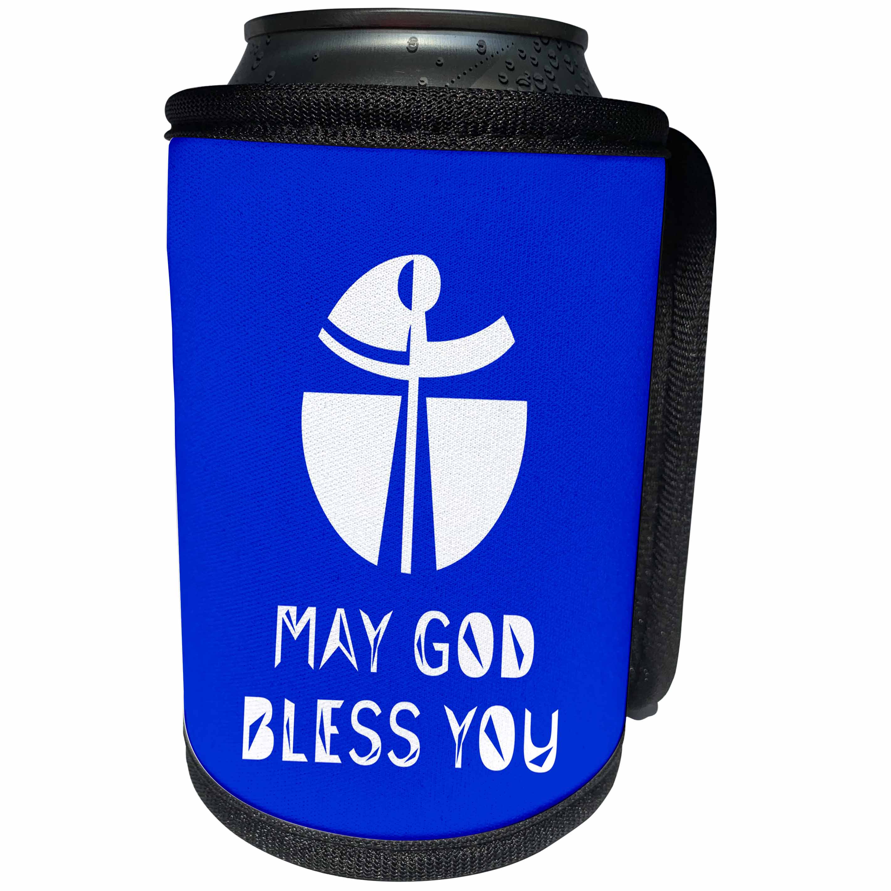 3dRose Alexis Design - Christian - Modernist cross, the text May God Bless You on blue - Can Cooler Bottle Wrap (cc_286201)