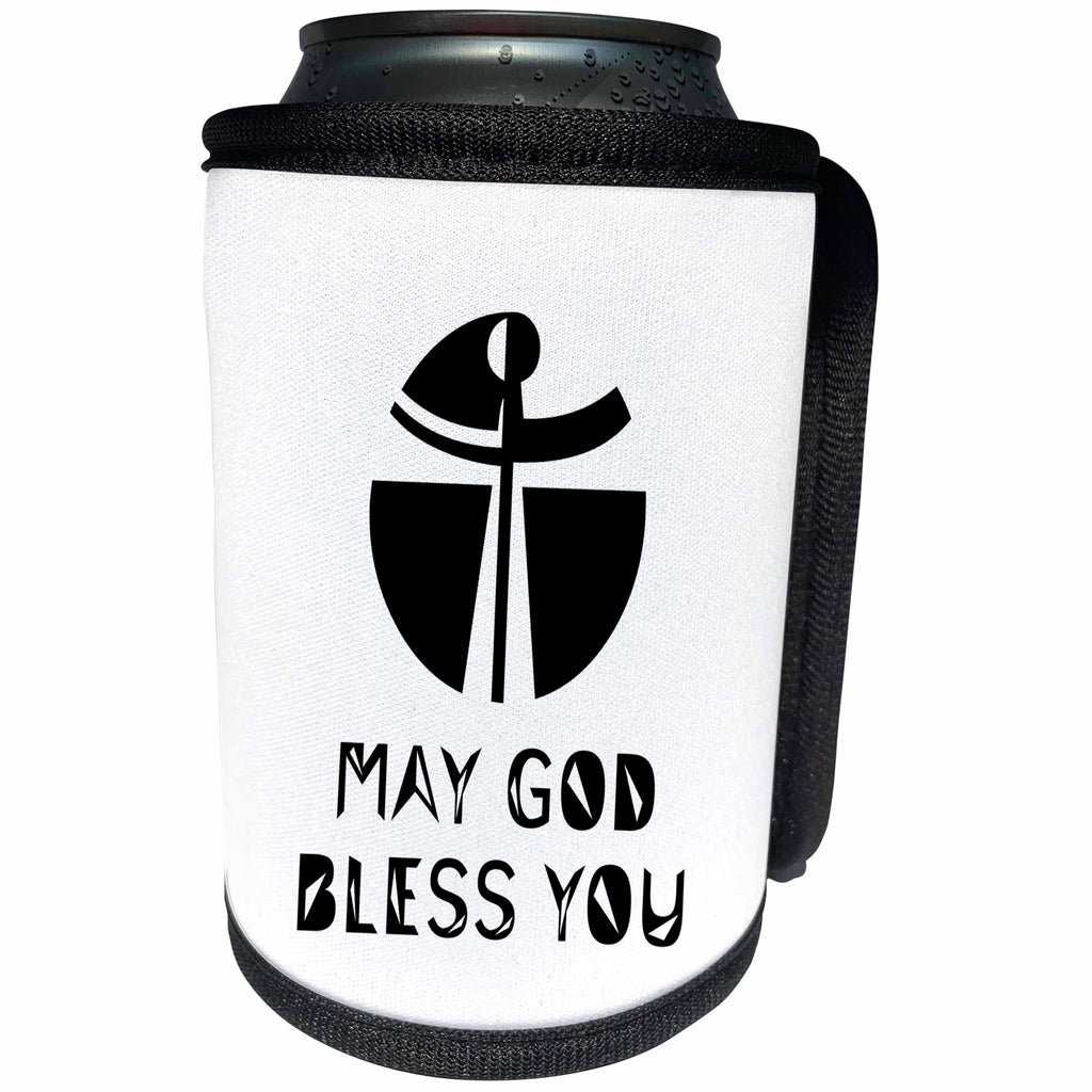 3dRose Alexis Design - Christian - Modernist cross, the text May God Bless You on white - Can Cooler Bottle Wrap (cc_286202)