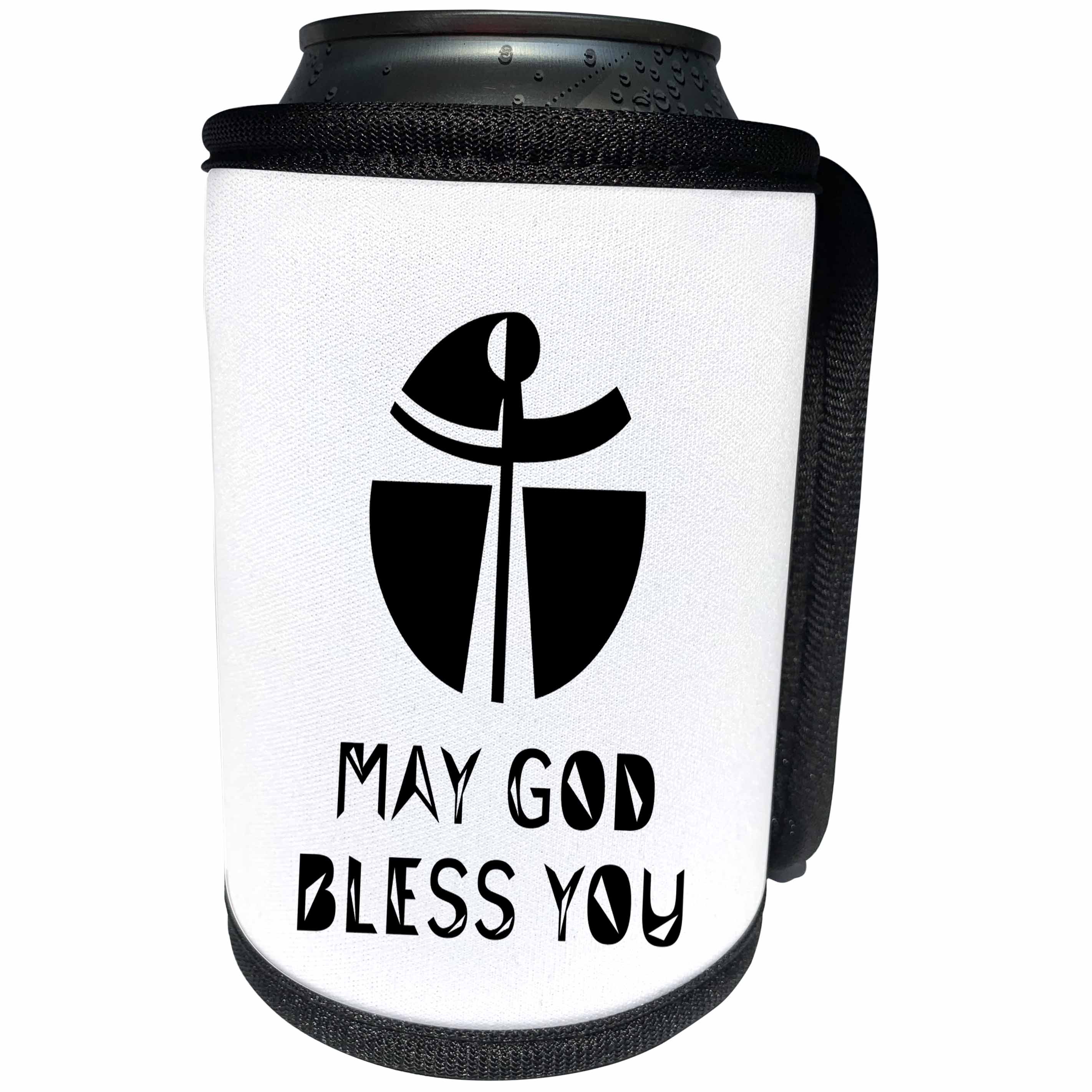 3dRose Alexis Design - Christian - Modernist cross, the text May God Bless You on white - Can Cooler Bottle Wrap (cc_286202)