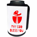 3dRose Alexis Design - Christian - Modernist cross, the text May God Bless You red on white - Can Cooler Bottle Wrap (cc_286203)