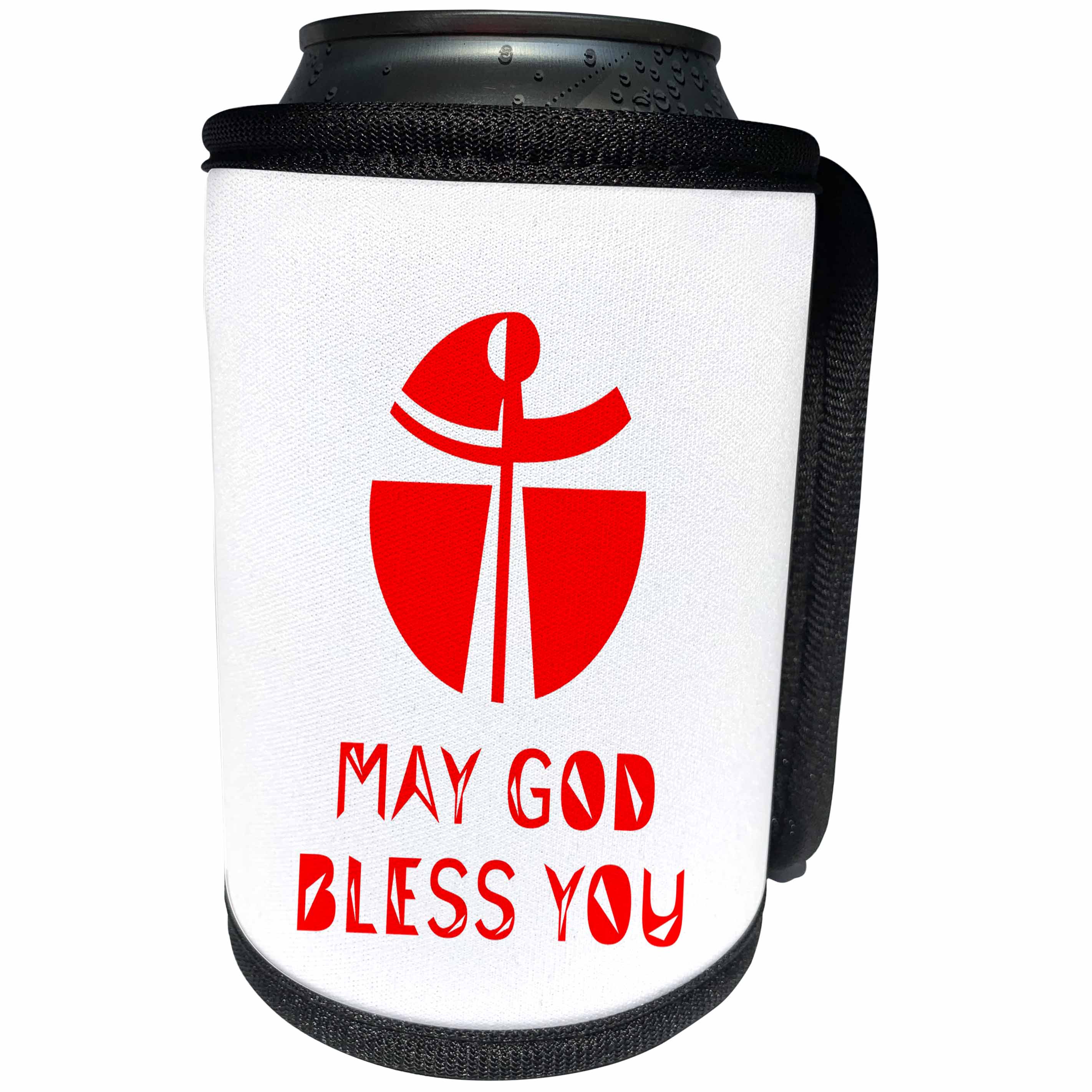 3dRose Alexis Design - Christian - Modernist cross, the text May God Bless You red on white - Can Cooler Bottle Wrap (cc_286203)