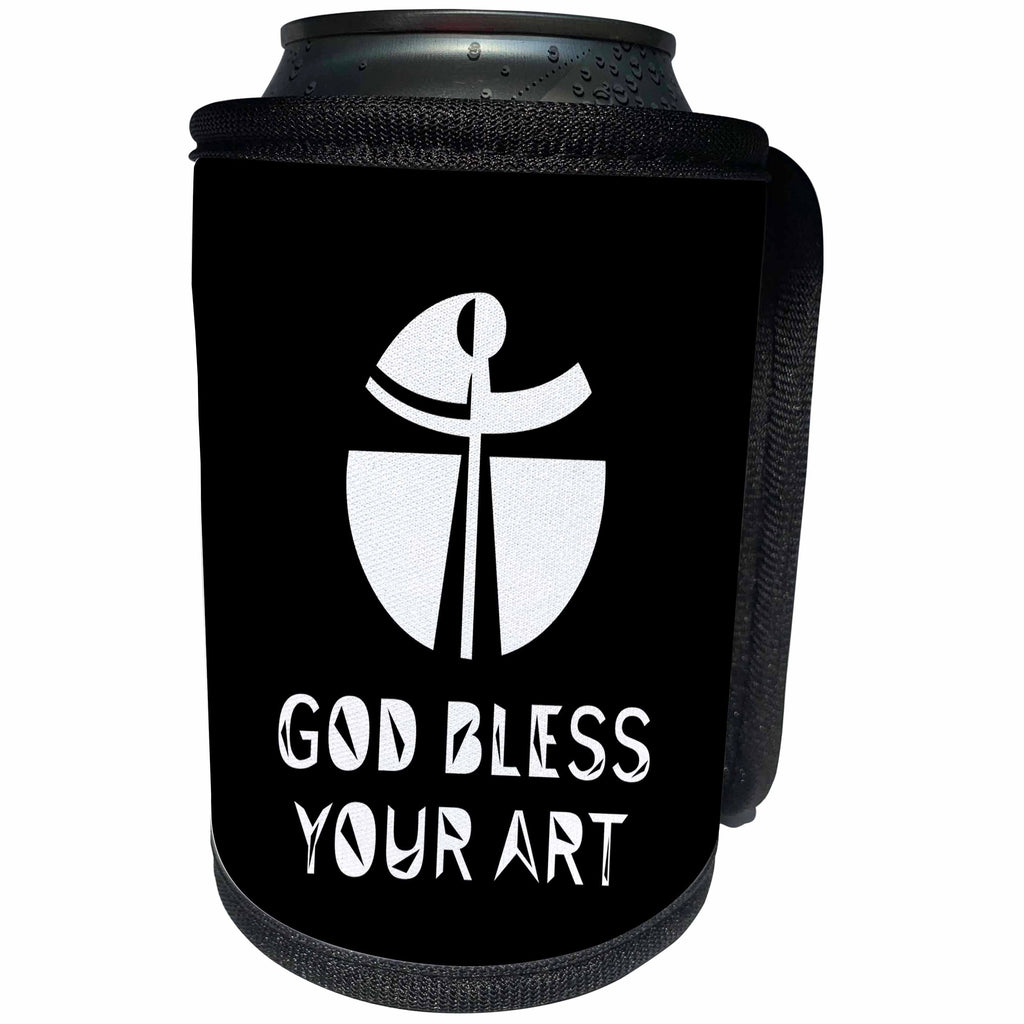 3dRose Alexis Design - Christian - Modernist cross, the text May God Bless Your Art on black - Can Cooler Bottle Wrap (cc_286204)