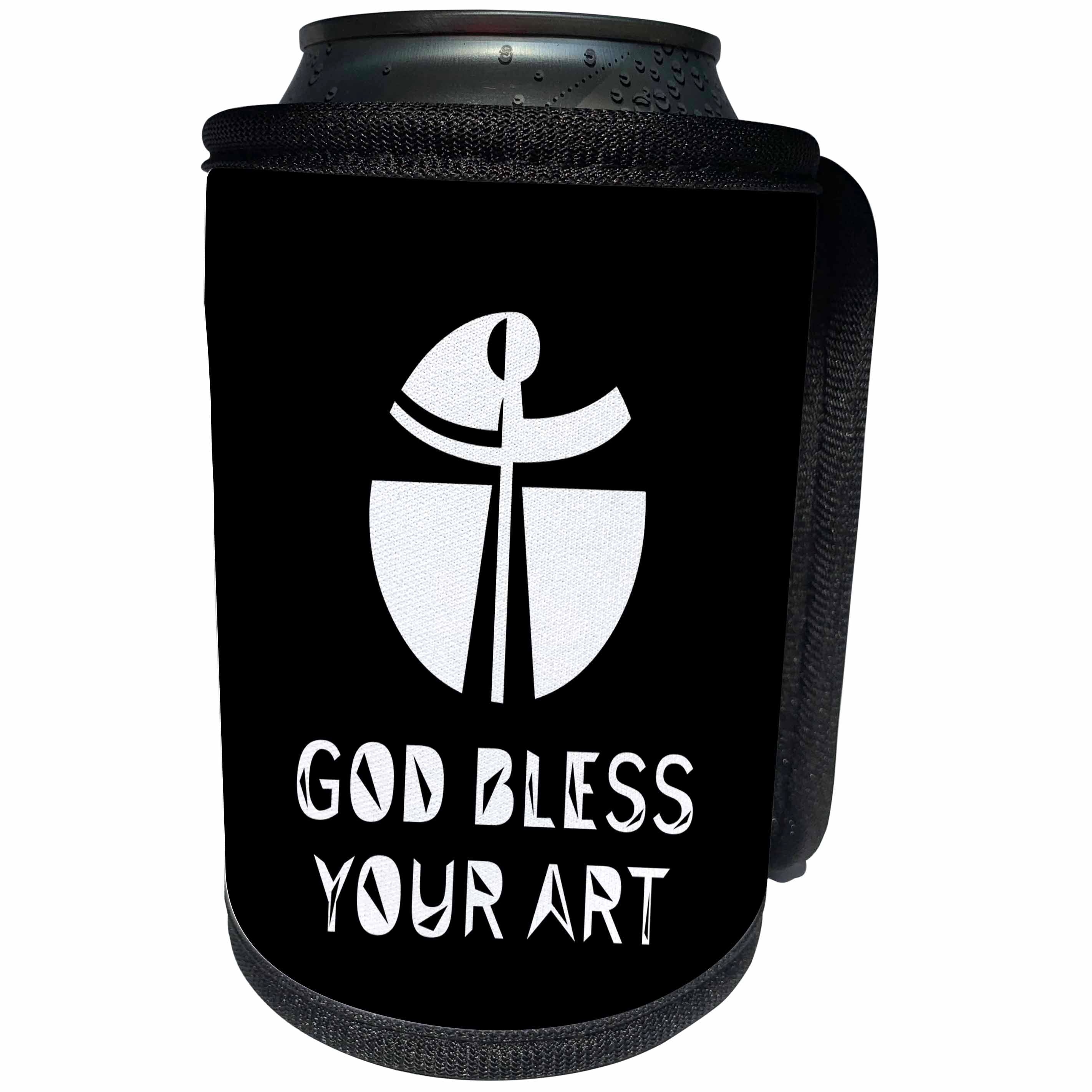 3dRose Alexis Design - Christian - Modernist cross, the text May God Bless Your Art on black - Can Cooler Bottle Wrap (cc_286204)
