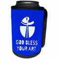 3dRose Alexis Design - Christian - Modernist cross, the text May God Bless Your Art on blue - Can Cooler Bottle Wrap (cc_286205)