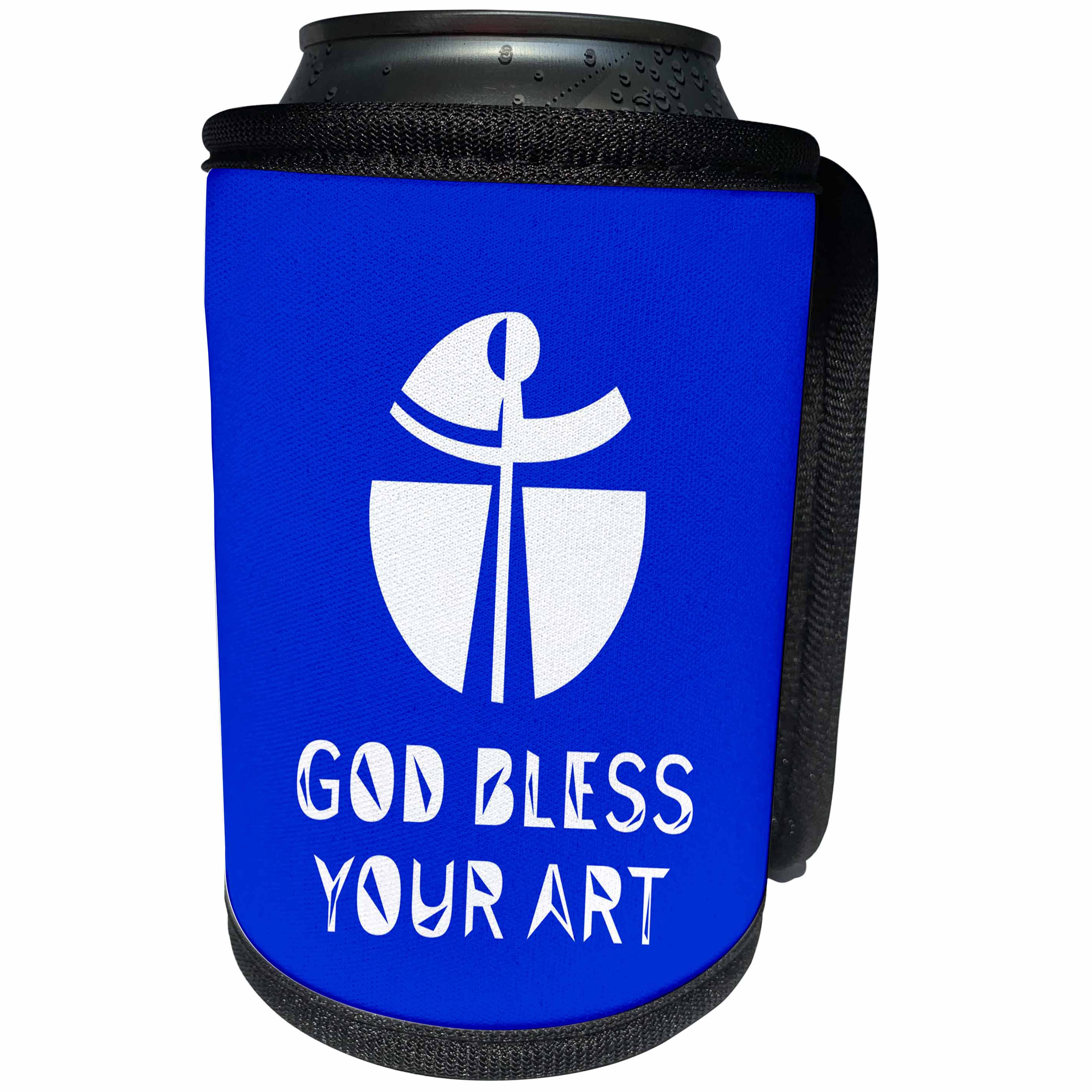 3dRose Alexis Design - Christian - Modernist cross, the text May God Bless Your Art on blue - Can Cooler Bottle Wrap (cc_286205)