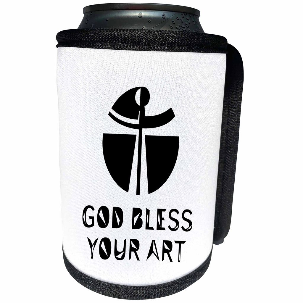 3dRose Alexis Design - Christian - Modernist cross, the text May God Bless Your Art on white - Can Cooler Bottle Wrap (cc_286206)