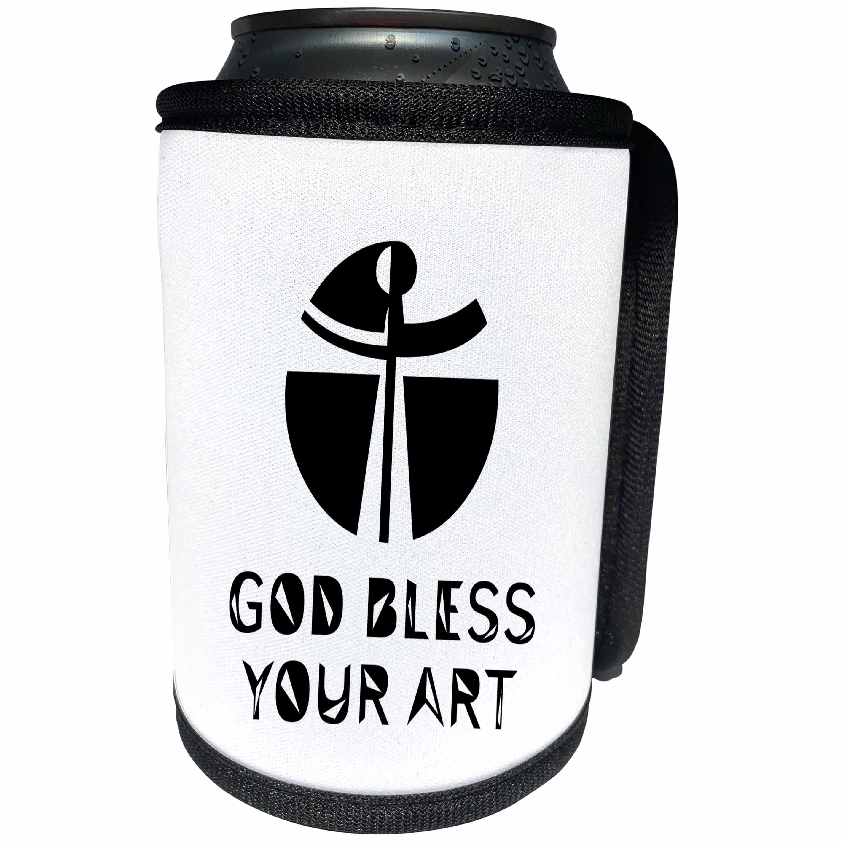 3dRose Alexis Design - Christian - Modernist cross, the text May God Bless Your Art on white - Can Cooler Bottle Wrap (cc_286206)