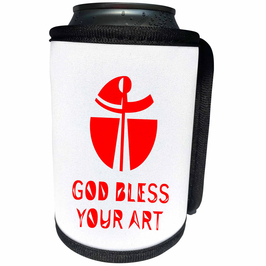 3dRose Alexis Design - Christian - Modernist cross, the text May God Bless Your Art red on white - Can Cooler Bottle Wrap (cc_286207)