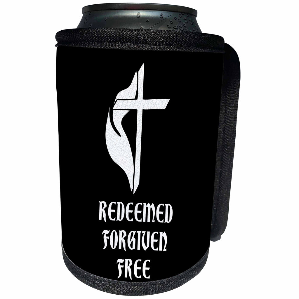 3dRose Alexis Design - Christian - Cross, veil, the text Redeemed, Forgiven, Free on black - Can Cooler Bottle Wrap (cc_286208)
