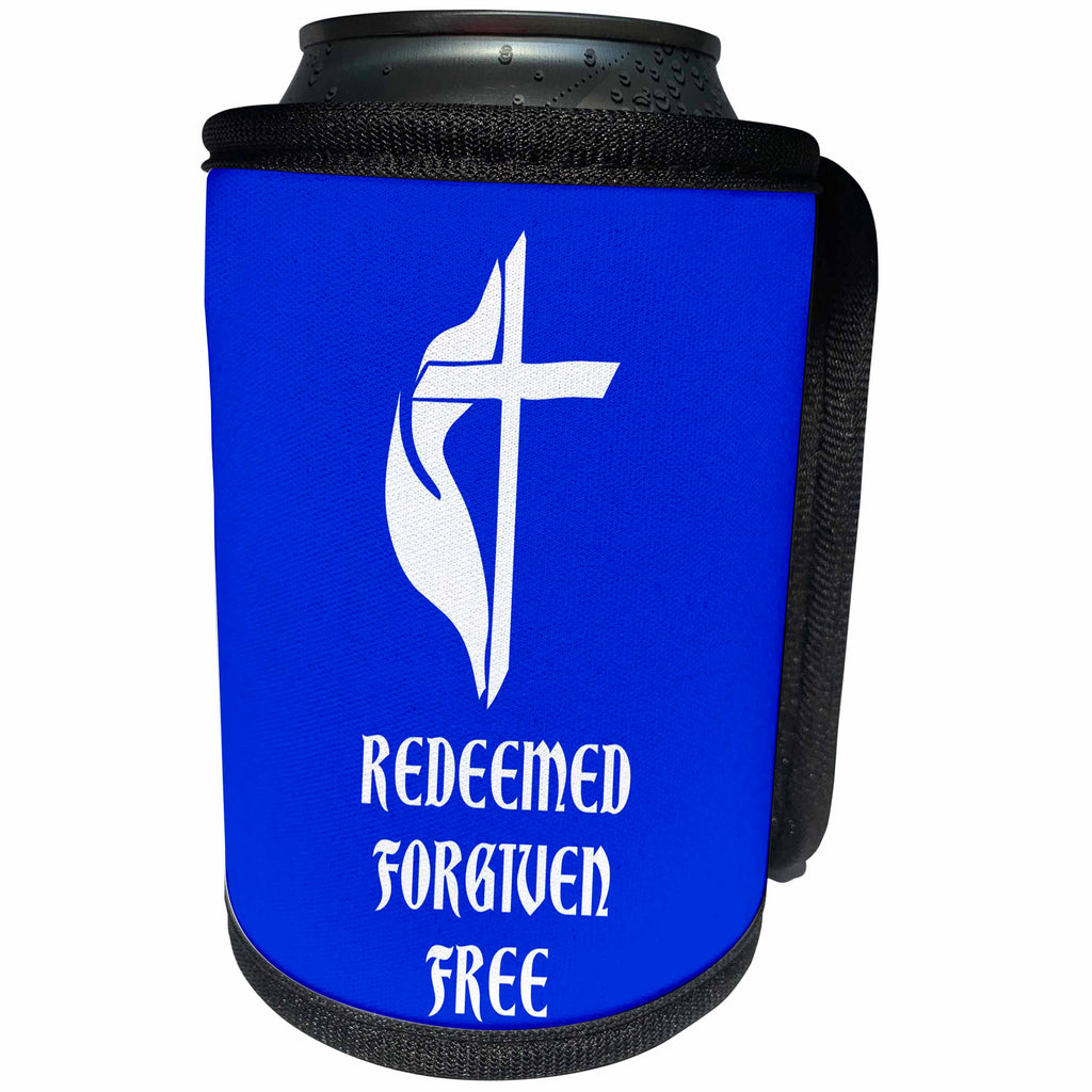 3dRose Alexis Design - Christian - Cross, veil, the text Redeemed, Forgiven, Free on blue - Can Cooler Bottle Wrap (cc_286209)