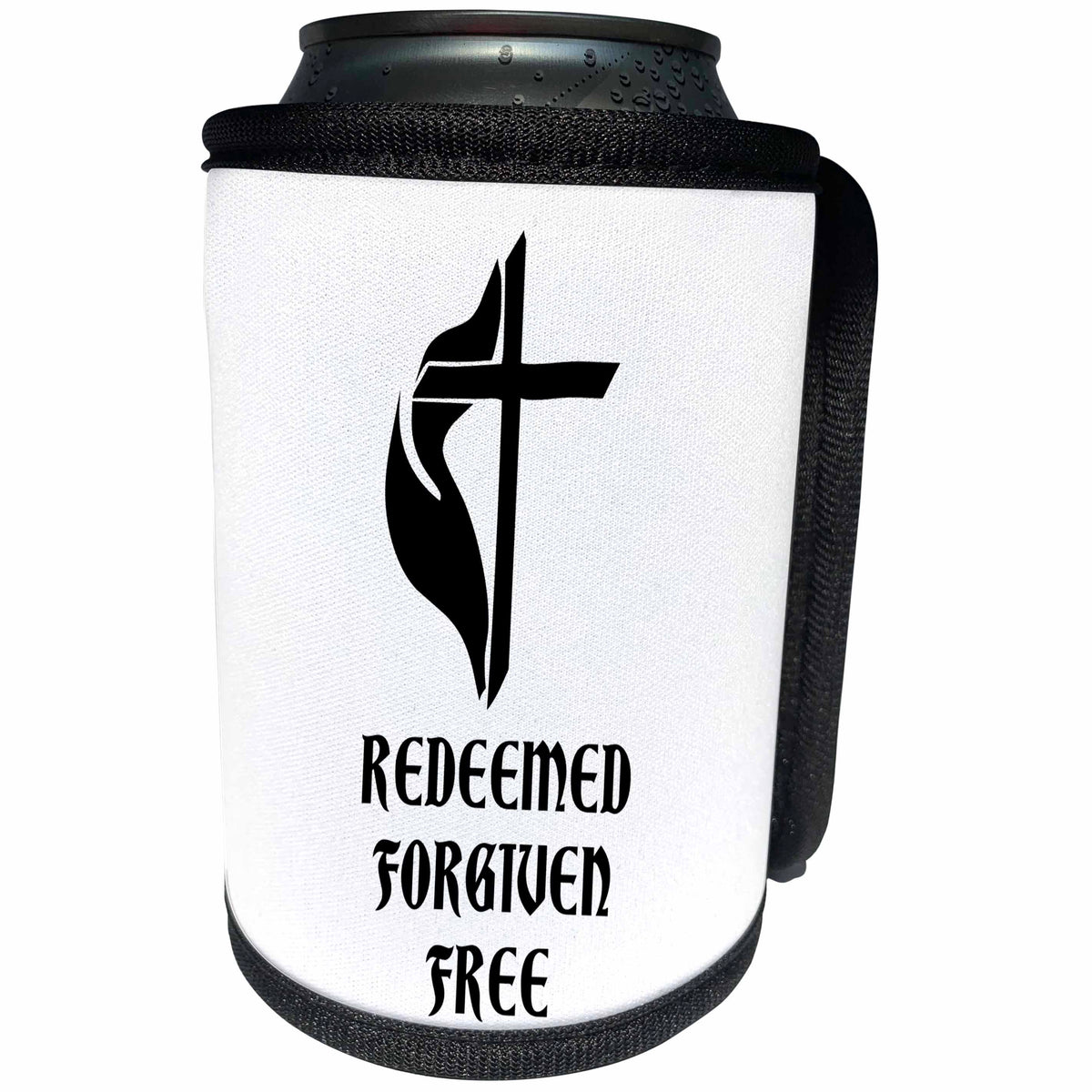 3dRose Alexis Design - Christian - Cross, veil, the text Redeemed, Forgiven, Free on white - Can Cooler Bottle Wrap (cc_286210)
