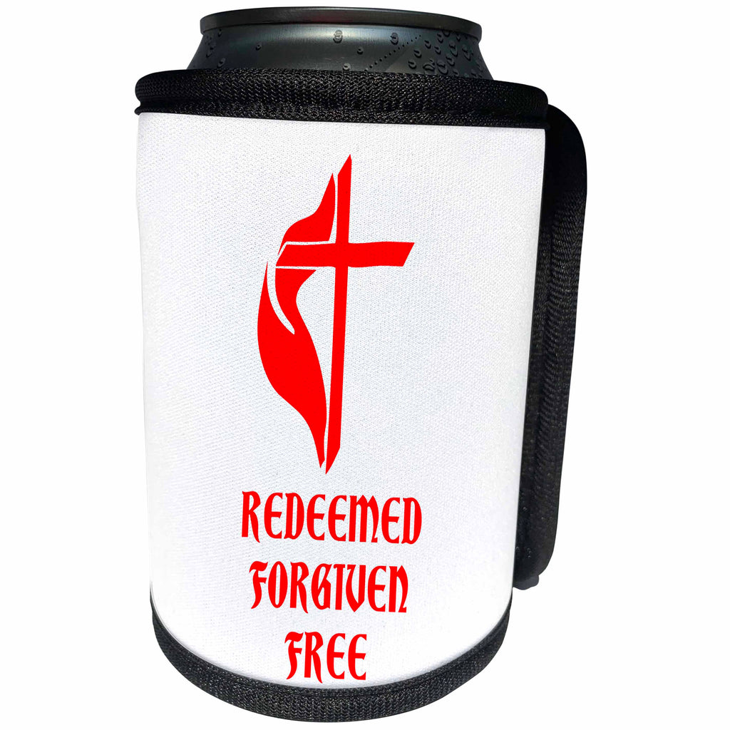 3dRose Alexis Design - Christian - Cross, veil, the text Redeemed, Forgiven, Free red on white - Can Cooler Bottle Wrap (cc_286211)