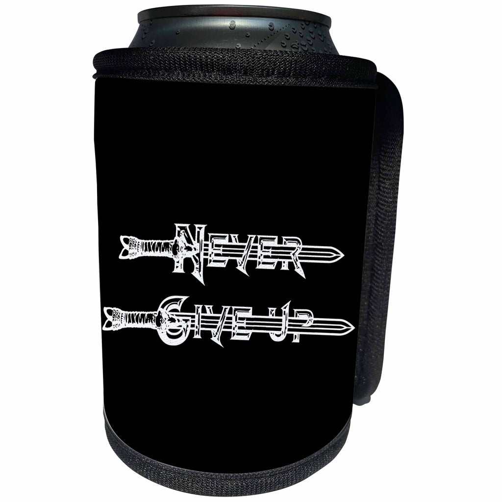 3dRose Alexis Design - Brave and Strong - Never Give Up text. Medieval sword, beaded letters on black - Can Cooler Bottle Wrap (cc_286241)