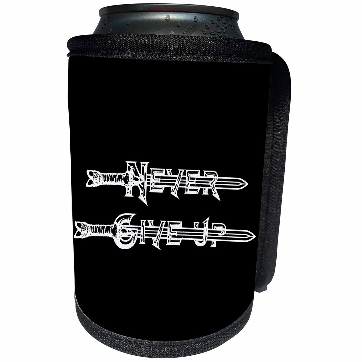 3dRose Alexis Design - Brave and Strong - Never Give Up text. Medieval sword, beaded letters on black - Can Cooler Bottle Wrap (cc_286241)