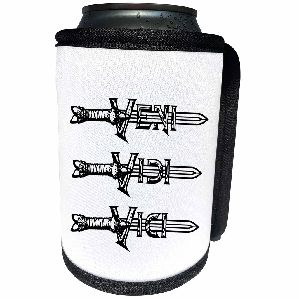 3dRose Alexis Design - Brave and Strong - Veni Vidi Vici text. Medieval sword, beaded letters on white - Can Cooler Bottle Wrap (cc_286249)