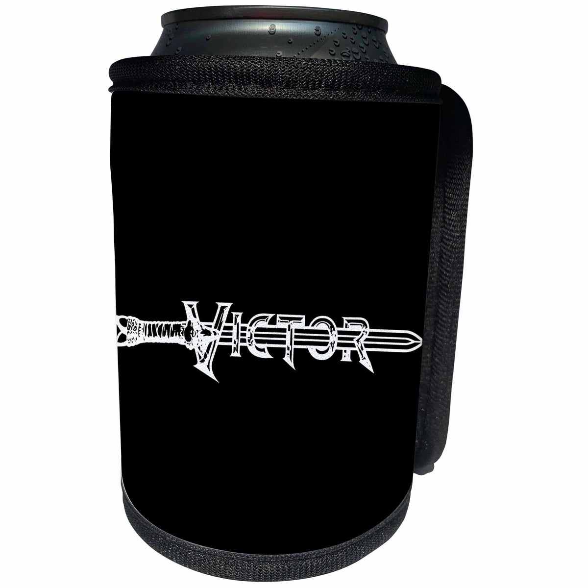 3dRose Alexis Design - Brave and Strong - Victor name text. Medieval sword, beaded letters on black - Can Cooler Bottle Wrap (cc_286253)