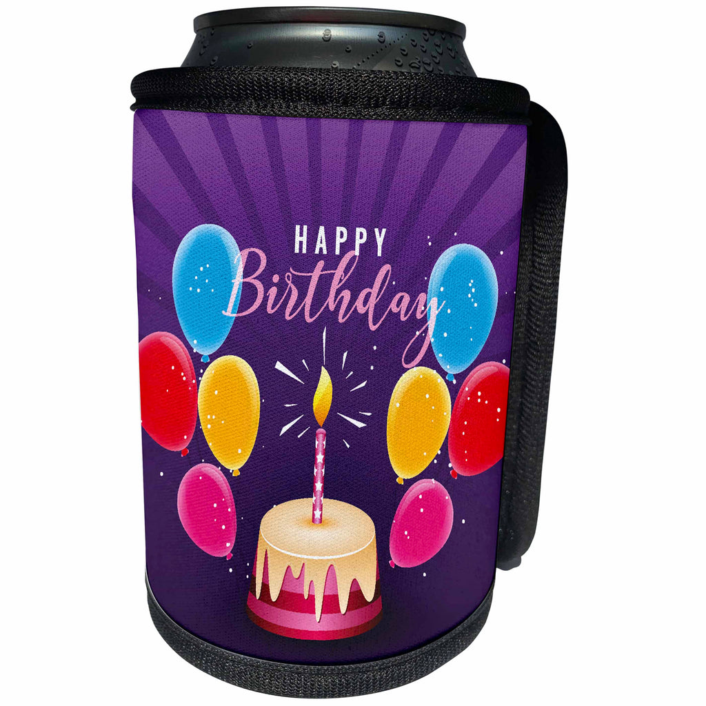 3dRose Sven Herkenrath Celebration - Happy Birthday Card With A Cute Cake And Balloons On Purple Background - Can Cooler Bottle Wrap (cc_286382)