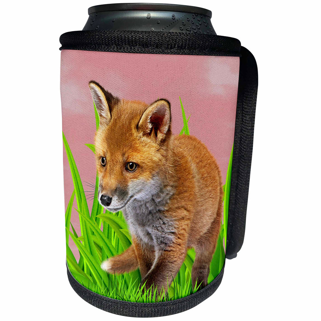 3dRose Sven Herkenrath Animal - Really Sweet Little Fox In Green Grass Cute Design - Can Cooler Bottle Wrap (cc_286389)