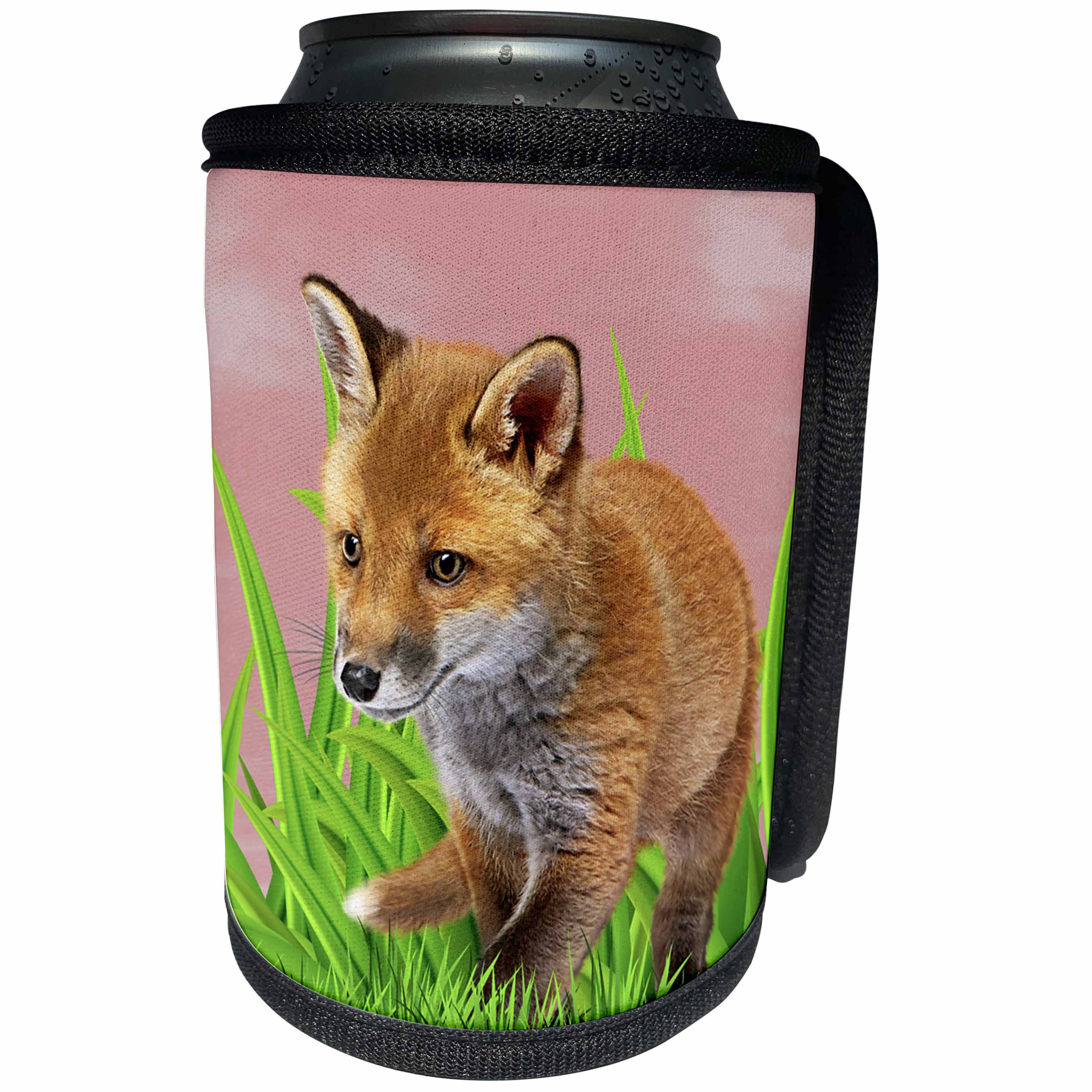 3dRose Sven Herkenrath Animal - Really Sweet Little Fox In Green Grass Cute Design - Can Cooler Bottle Wrap (cc_286389)
